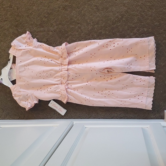 Baby Girls Little Lass Pink Eyelet Jumpsuit & Headband Size 12 18 24 months NWT - Picture 5 of 6